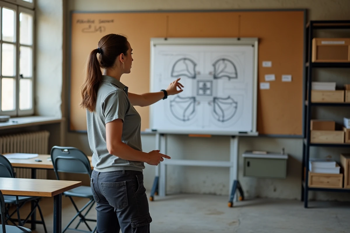 Femme formatrice en BTP présentant un plan technique dans une salle de formation professionnelle