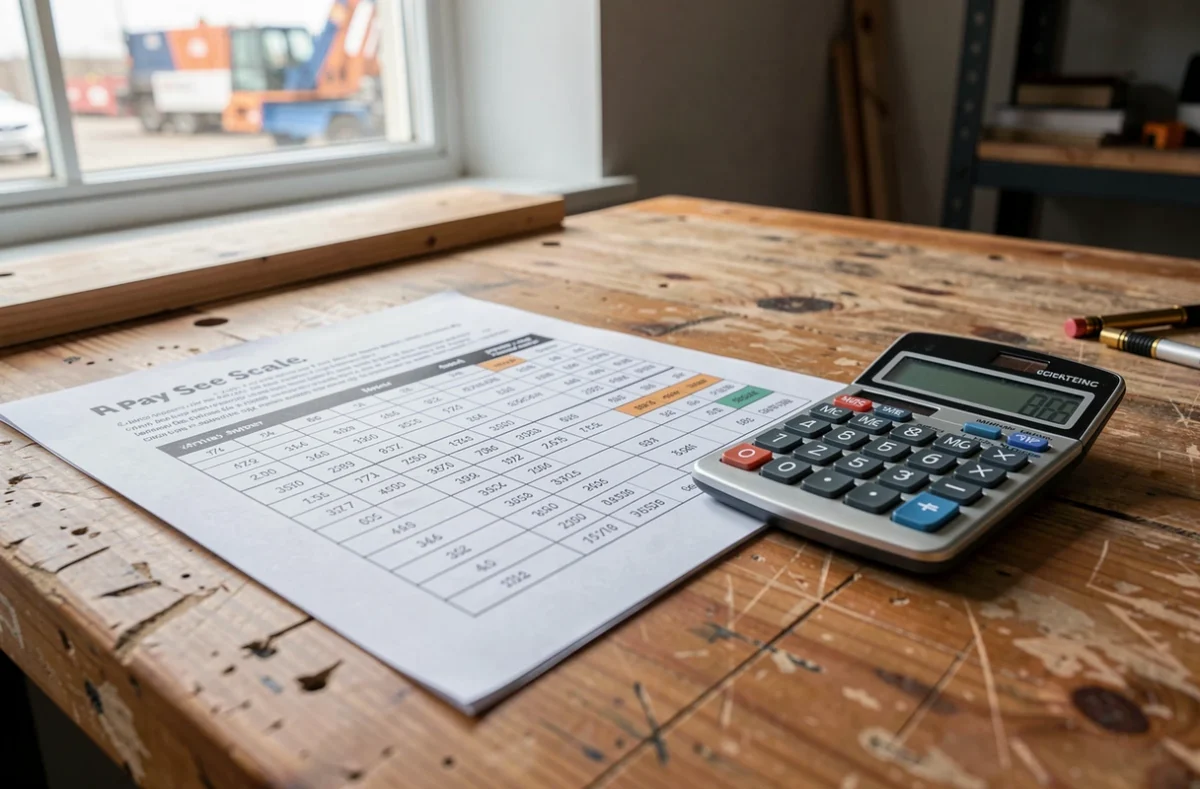 Grille de salaires imprimée et calculatrice posées sur un bureau d'entreprise