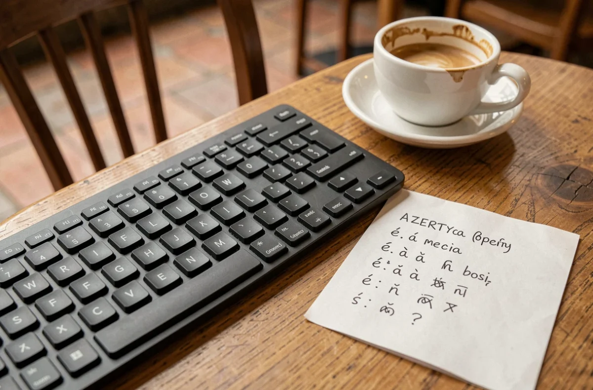 Gros plan d'un clavier AZERTY avec une feuille de raccourcis pour les caractères espéciaux espagnols posée à côté