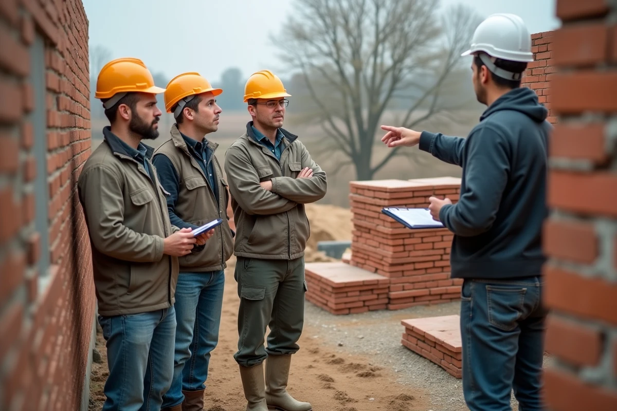 Groupe d'adultes en reconversion professionnelle participant à une formation pratique sur un chantier de formation BTP encadrée par un formateur