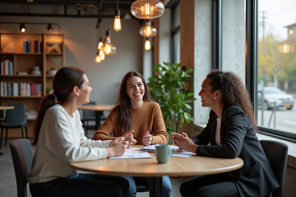 Groupe d'anciens élèves du lycée Jean Moulin de Vincennes échangeant leurs témoignages dans un espace de coworking