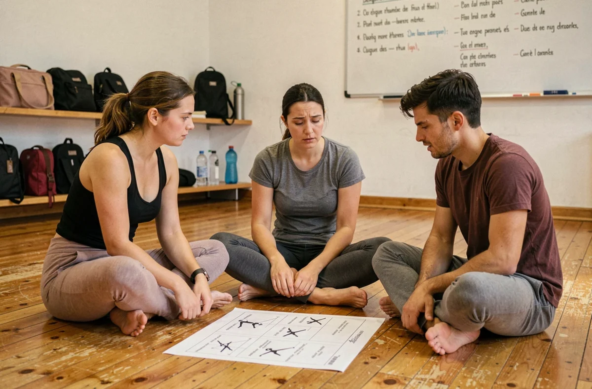 Groupe de débutants en cours de danse contemporaine à Lille étudiant une chorégraphie ensemble pendant une pause