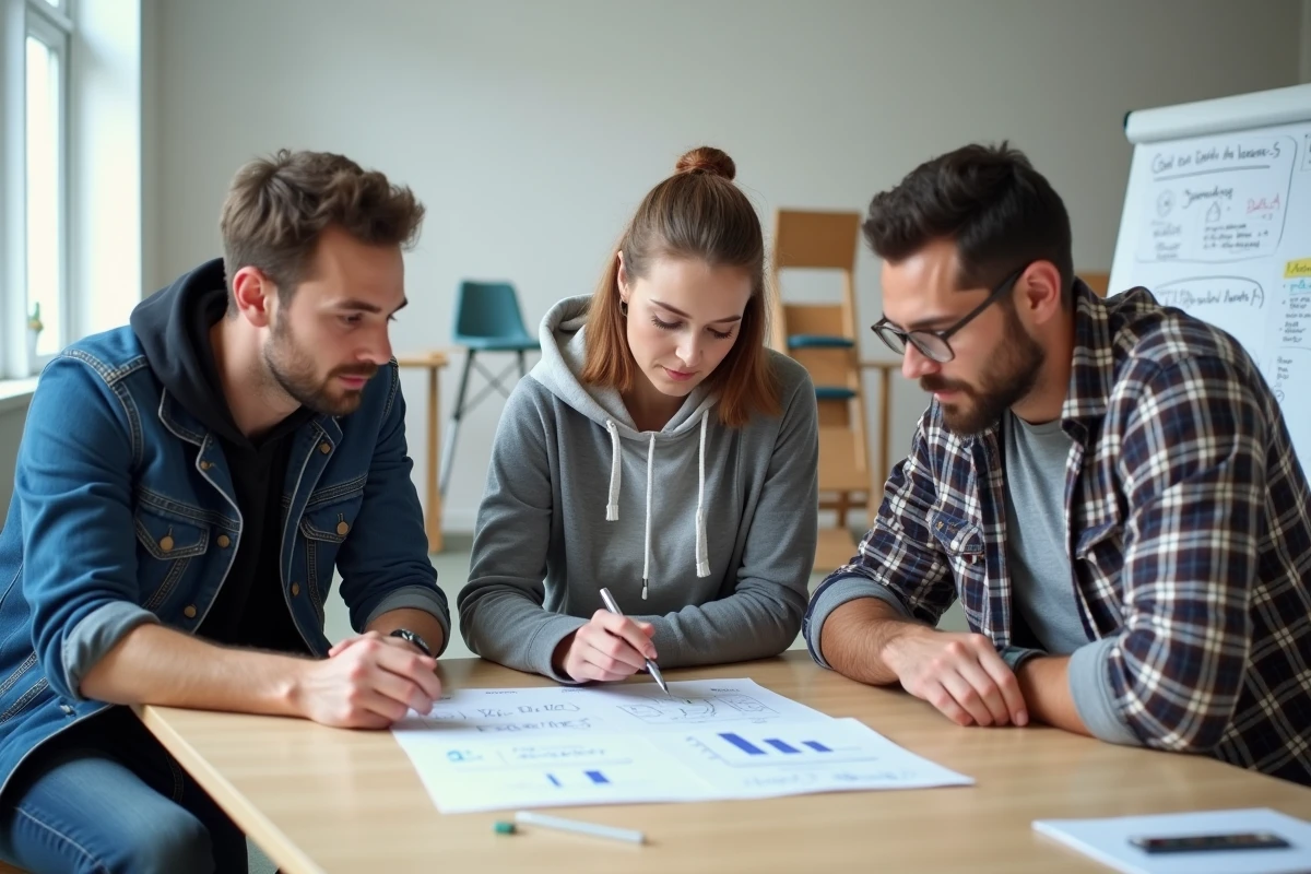 Groupe de demandeurs d'emploi étudiant les tarifs et aides financières pour une formation BTP dans une salle de cours