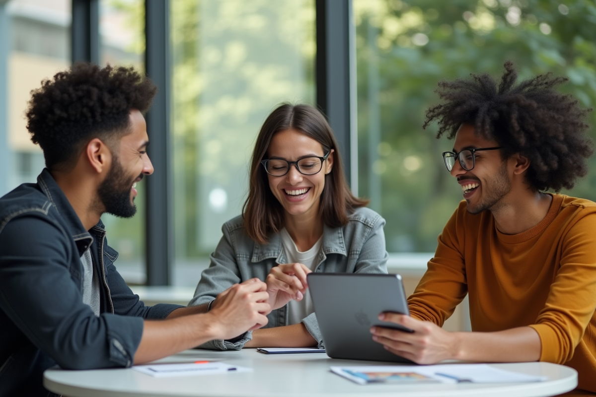 Groupe de jeunes en discussion dans un espace coworking