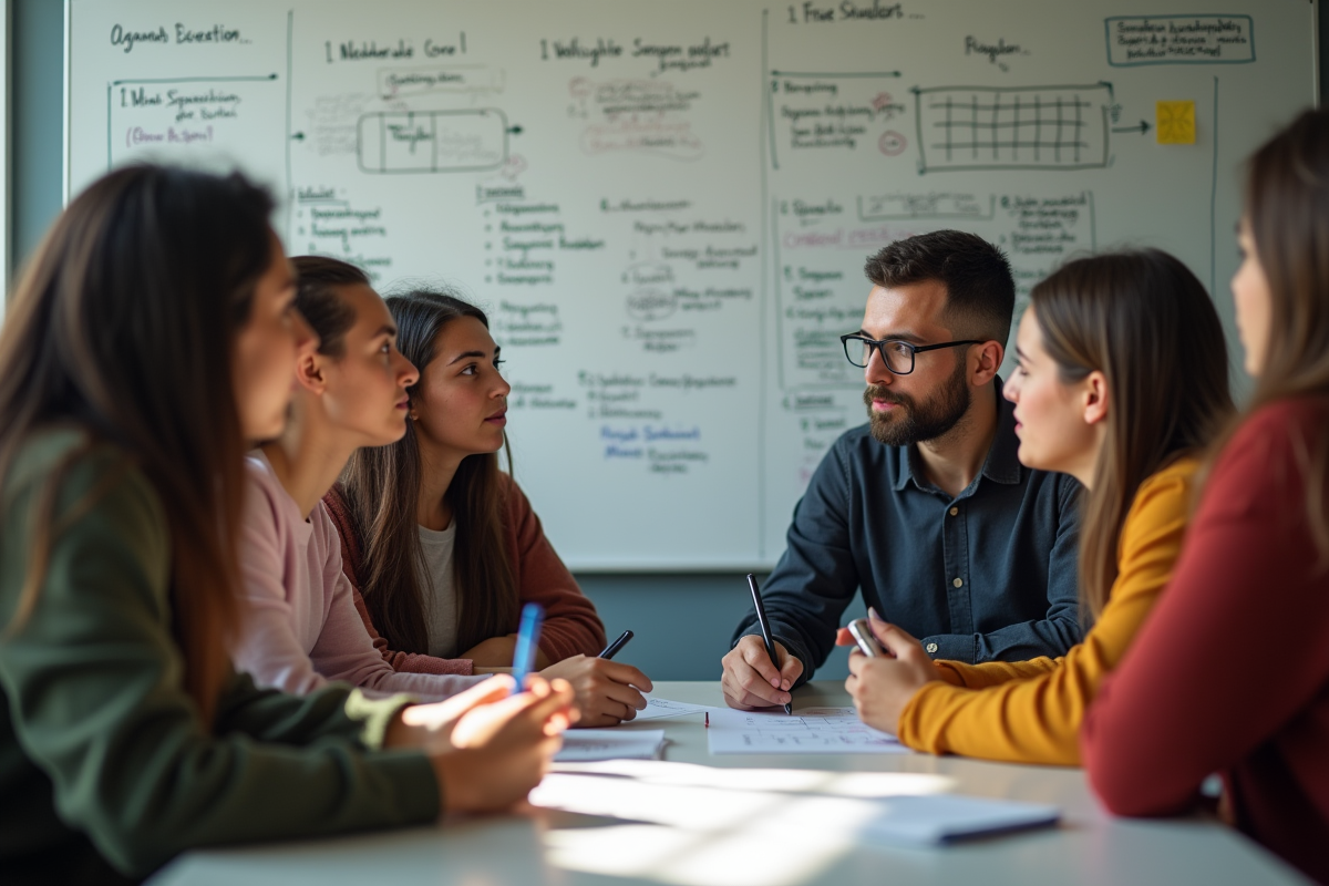 Groupe d etudiants discutant autour d un tableau blanc