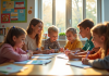 Enfants et enseignant dans une classe lumineuse et colorée