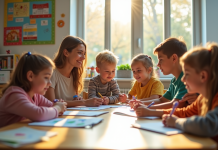 Enfants et enseignant dans une classe lumineuse et colorée