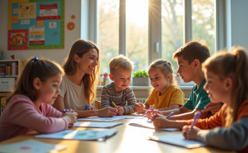 Théorie de Vygotsky : découvrez son importance dans le développement cognitif Enfants et enseignant dans une classe lumineuse et colorée