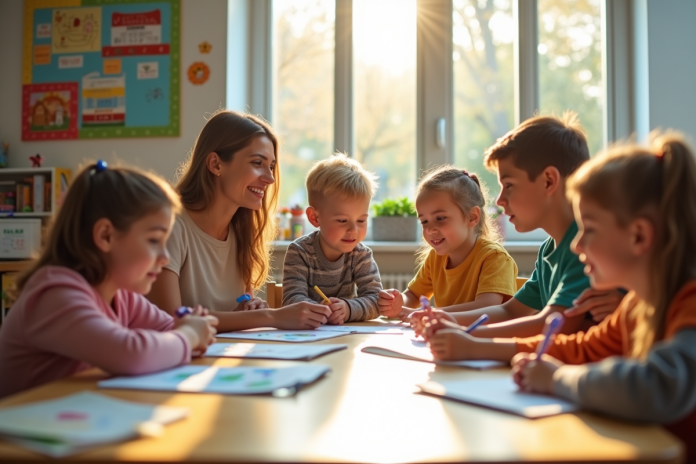 Enfants et enseignant dans une classe lumineuse et colorée