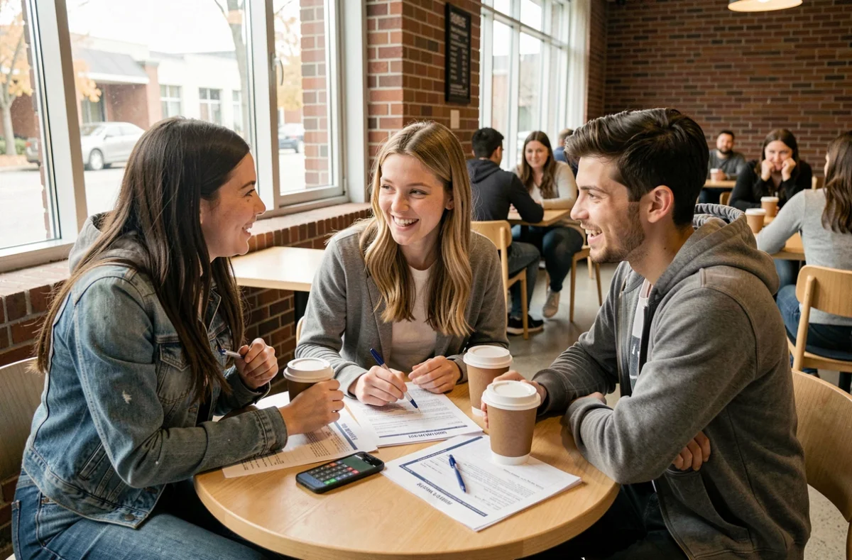 Groupe d'étudiants calculant leur moyenne générale ensemble autour d'une table de café avec des relevés de notes imprimés