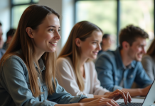 Groupe d'étudiants collaborant sur des ordinateurs dans une salle lumineuse