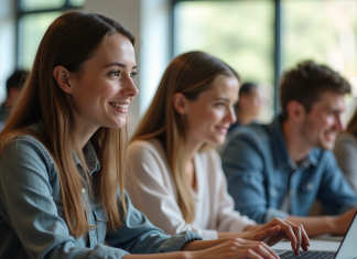 Pourquoi MBN est la plateforme idéale pour une éducation numérique efficiente Groupe d'étudiants collaborant sur des ordinateurs dans une salle lumineuse