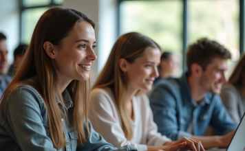 Groupe d'étudiants collaborant sur des ordinateurs dans une salle lumineuse