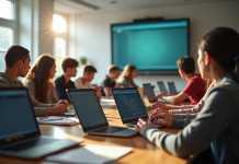 Groupe d'étudiants divers utilisant un tableau numérique dans une salle lumineuse