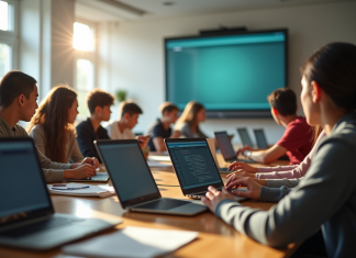 Apprendre à maîtriser le Blackboard de l’ESCP : pour une formation efficace et interactive Groupe d'étudiants divers utilisant un tableau numérique dans une salle lumineuse