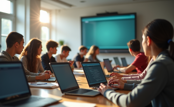 Apprendre à maîtriser le Blackboard de l’ESCP : pour une formation efficace et interactive Groupe d'étudiants divers utilisant un tableau numérique dans une salle lumineuse