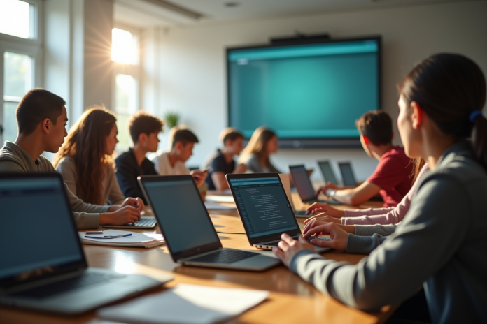 Groupe d'étudiants divers utilisant un tableau numérique dans une salle lumineuse