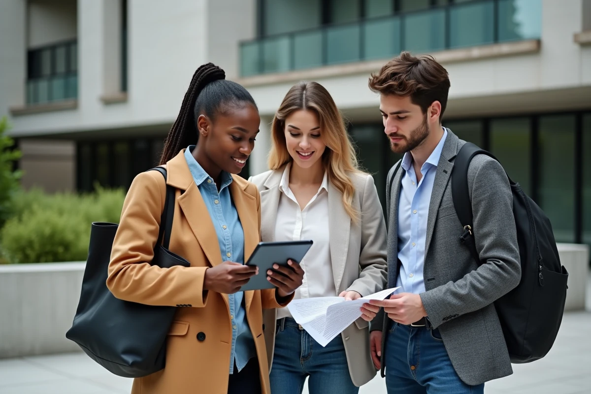 Groupe d'étudiants devant une école de design consultant des informations sur les aides financières et prêts étudiants