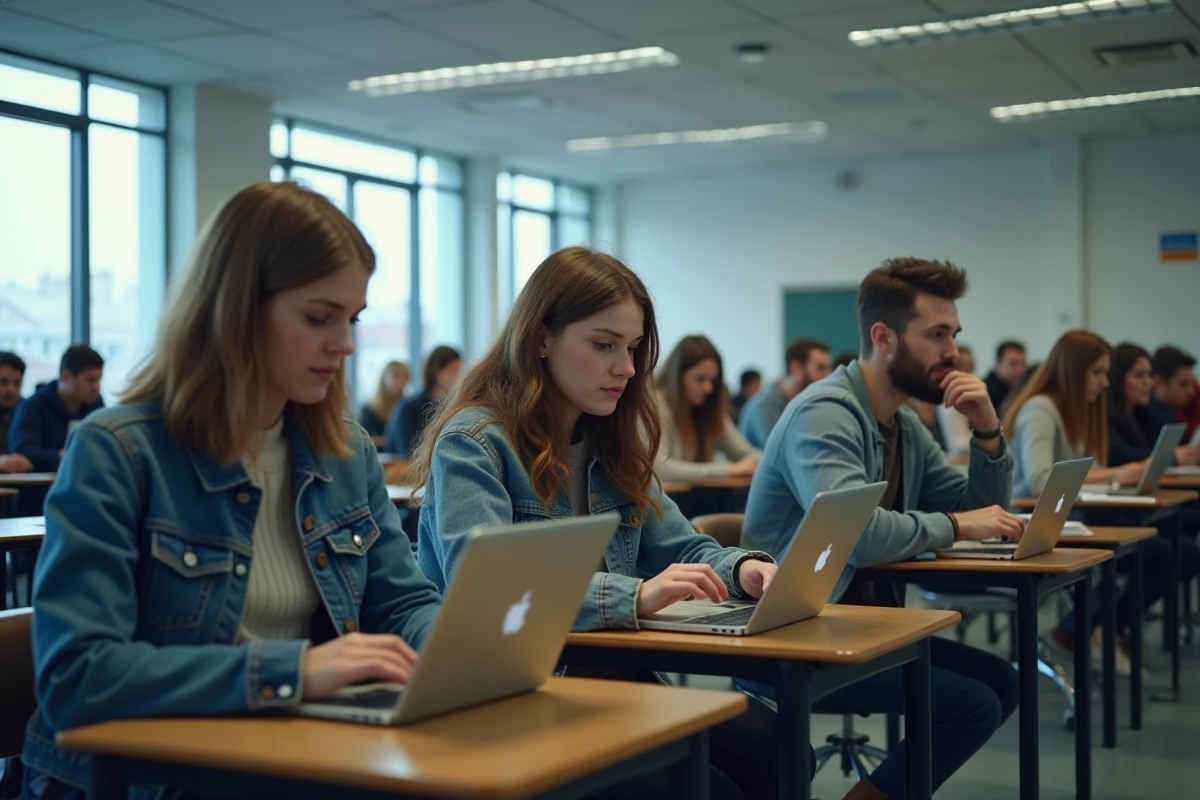 Groupe d'étudiants passant un examen surveillé sur plateforme numérique dans une salle universitaire officielle
