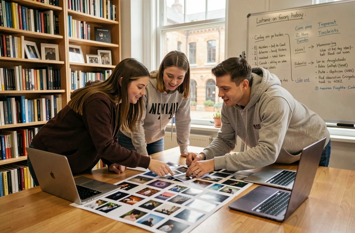 Groupe d'étudiants GOBELINS en atelier pédagogique analysant des planches contact et des tirages photo