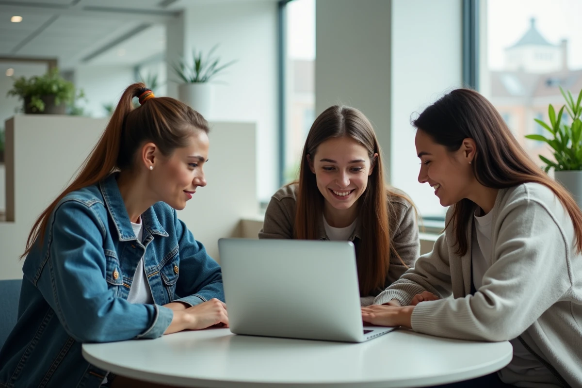 Groupe d'étudiants utilisant Mjmcloud pour gérer cours, devoirs et absences sur un ordinateur portable en salle de travail