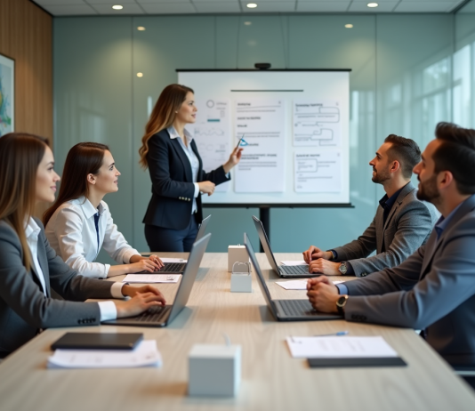Groupe d adultes en formation dans une salle lumineuse