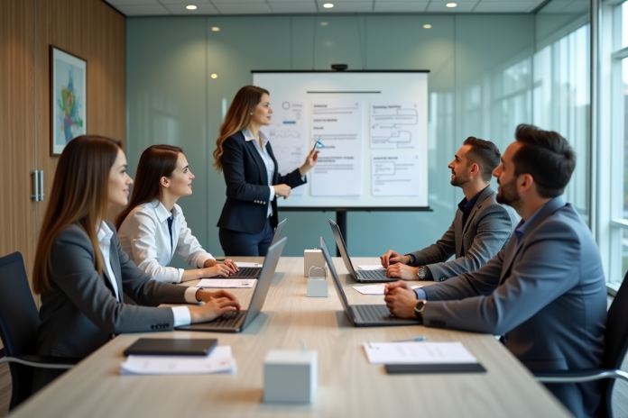 groupe-formation-conference Groupe d adultes en formation dans une salle lumineuse
