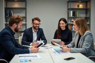Groupe de quatre adultes en formation dans un centre français