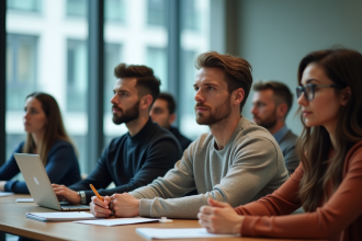 Groupe de professionnels en formation dans une salle moderne
