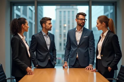 Groupe de quatre professionnels en réunion dans un bureau moderne
