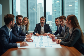 Groupe de professionnels en réunion autour d'une table moderne