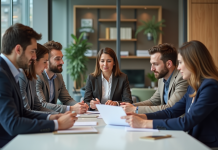 Formation : Qui finance ? Des solutions efficaces à explorer Groupe d'adultes en réunion de travail en bureau moderne