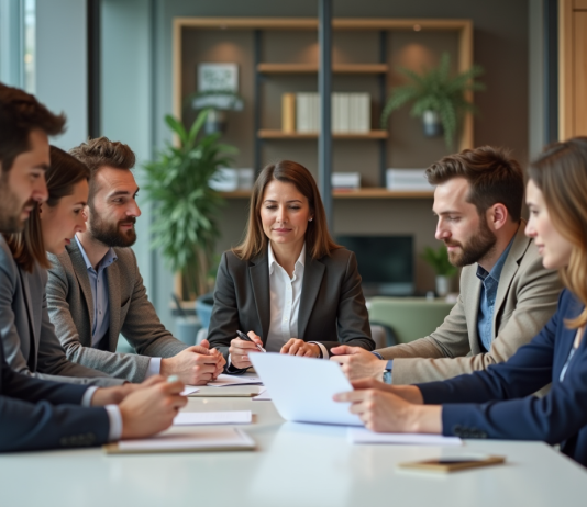 Formation : Qui finance ? Des solutions efficaces à explorer Groupe d'adultes en réunion de travail en bureau moderne