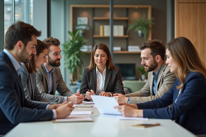 groupe-travail-bureau Groupe d'adultes en réunion de travail en bureau moderne