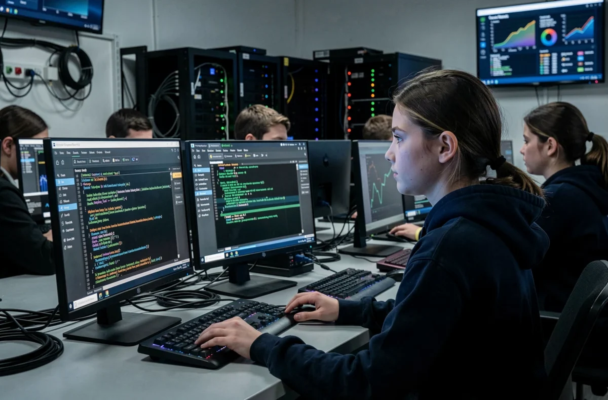 Étudiante en cybersécurité analysant des réseaux sur double écran dans le laboratoire de la Guardia Cybersecurity School