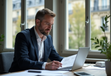 Homme d'affaires à Paris examine des documents fiscaux
