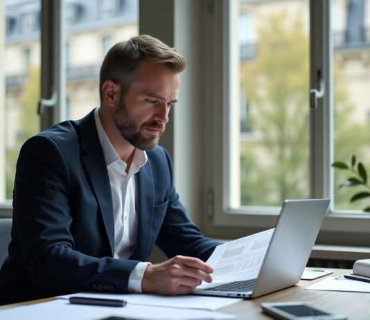 DFI : comprendre la Déclaration Fiscale Internationale pour les non-résidents en France Homme d'affaires à Paris examine des documents fiscaux