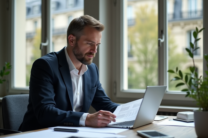 homme-affaires-paris-lecture-documents Homme d'affaires à Paris examine des documents fiscaux