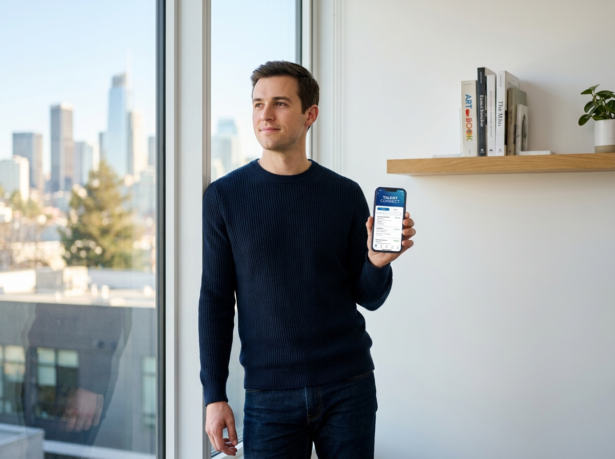 Jeune homme consultant une application de plateforme d'emploi sur smartphone depuis son bureau à domicile avec vue urbaine