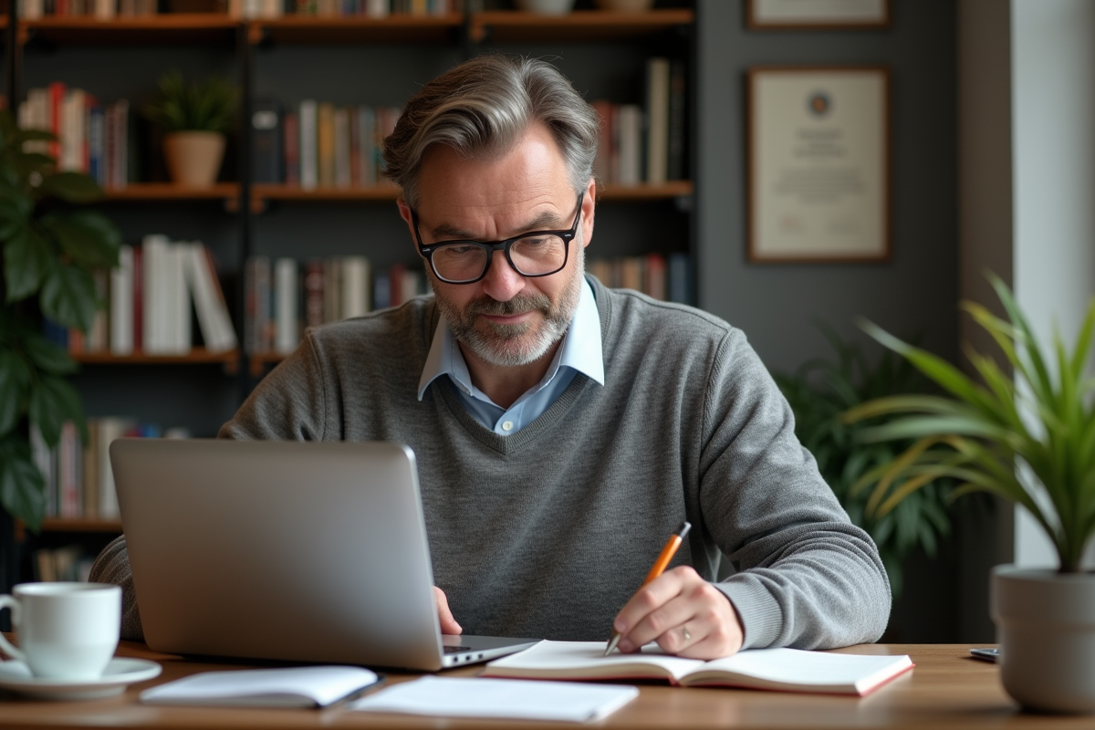 Homme concentré prenant des notes dans son bureau à domicile