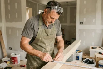 Homme bricoleur mesurant une planche en bois dans une cuisine en cours de rénovation