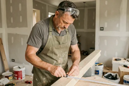 Homme bricoleur mesurant une planche en bois dans une cuisine en cours de rénovation