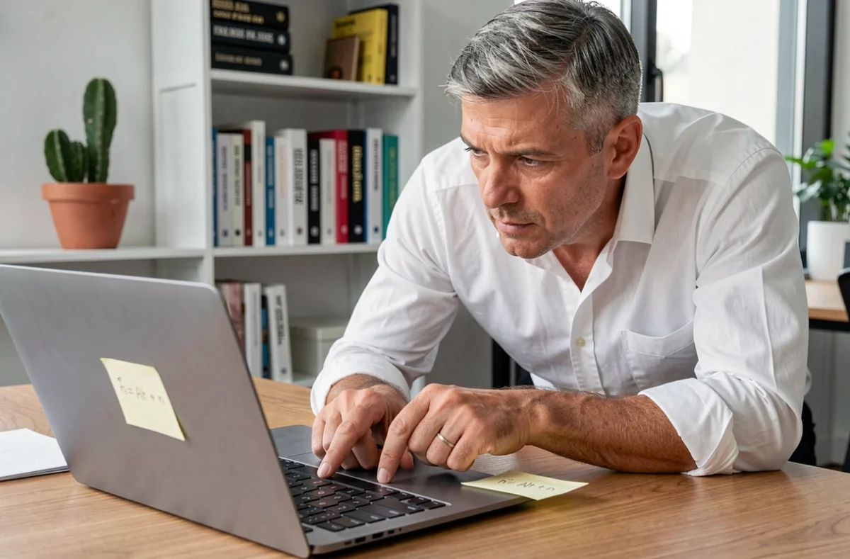 Homme en bureau moderne consultant un mémo de raccourcis clavier pour saisir des caractères espagnols