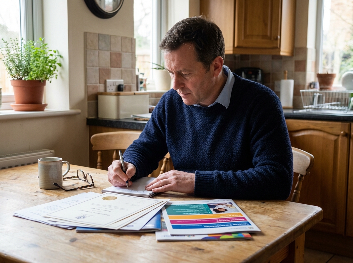 Homme examinant des certificats et brochures dans une cuisine chaleureuse
