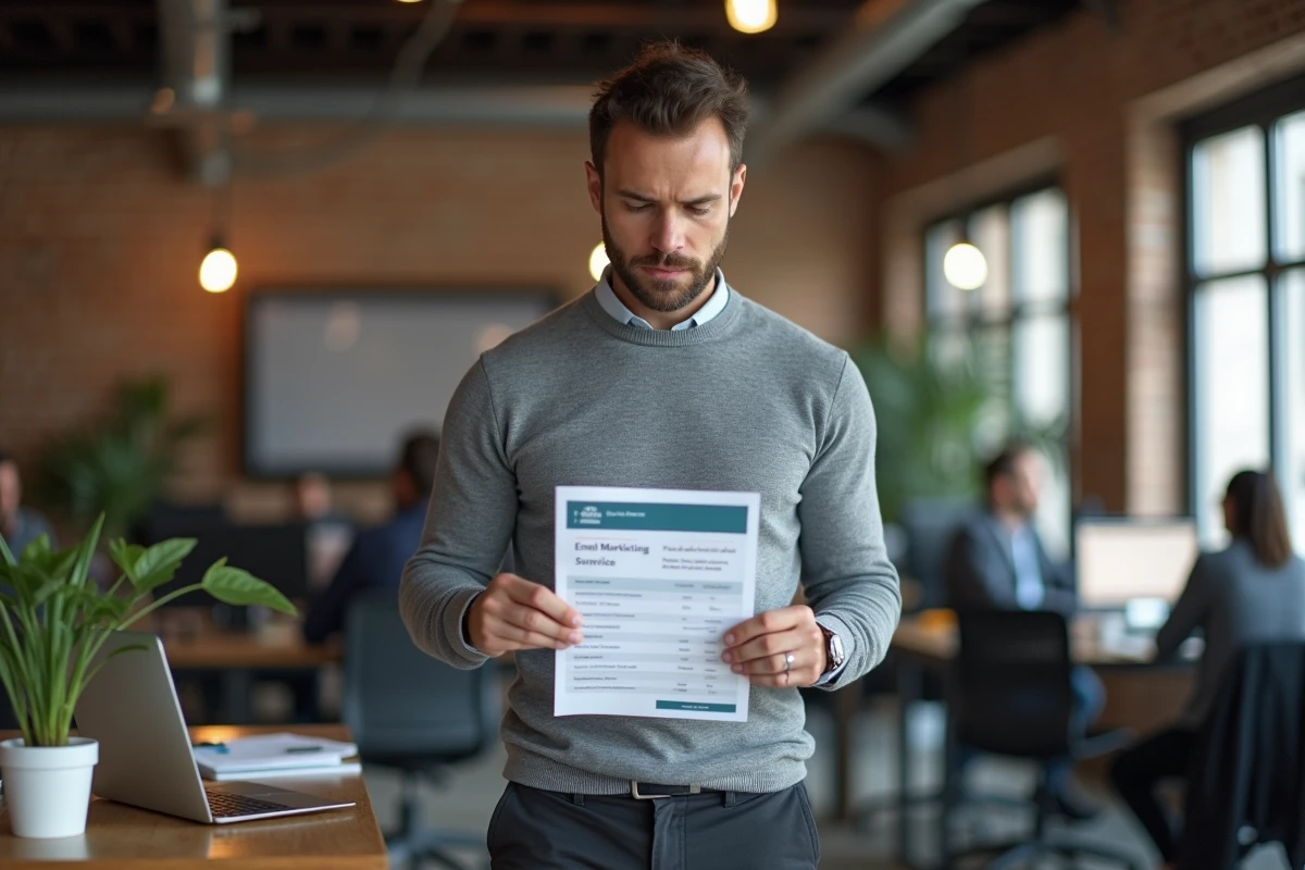 Homme examinant une fiche tarifaire d'abonnement marketing dans un espace de coworking