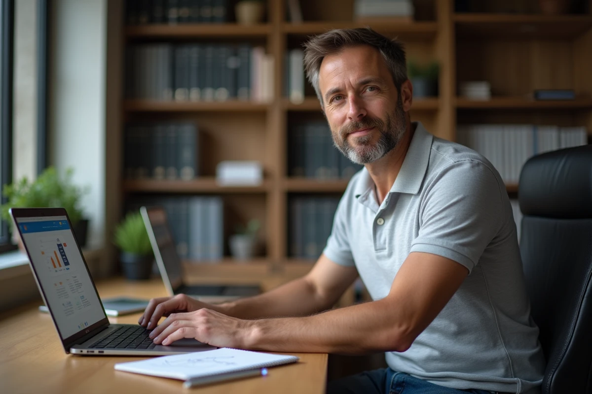 Homme adulte en reconversion suivant une formation BTP en ligne depuis son bureau à domicile sur la plateforme mon-institut-du-btp.fr