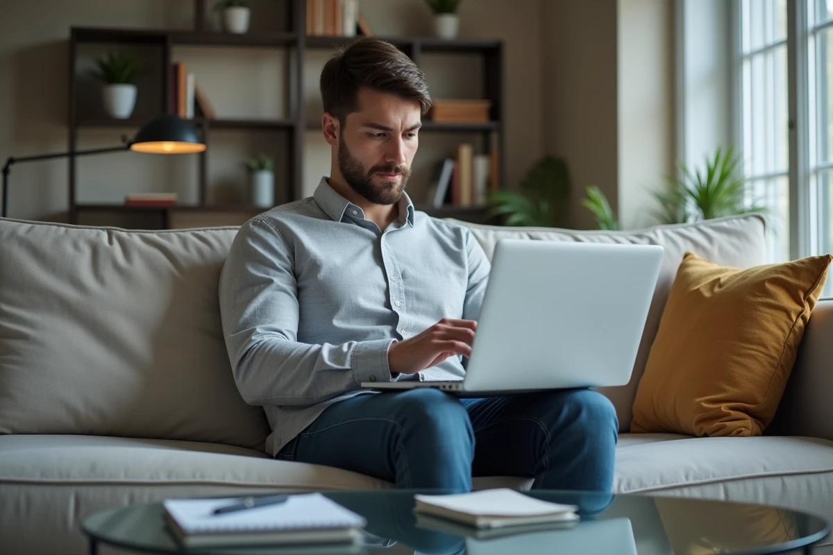 Homme gérant ses mails professionnels sur un ordinateur portable installé confortablement dans son salon