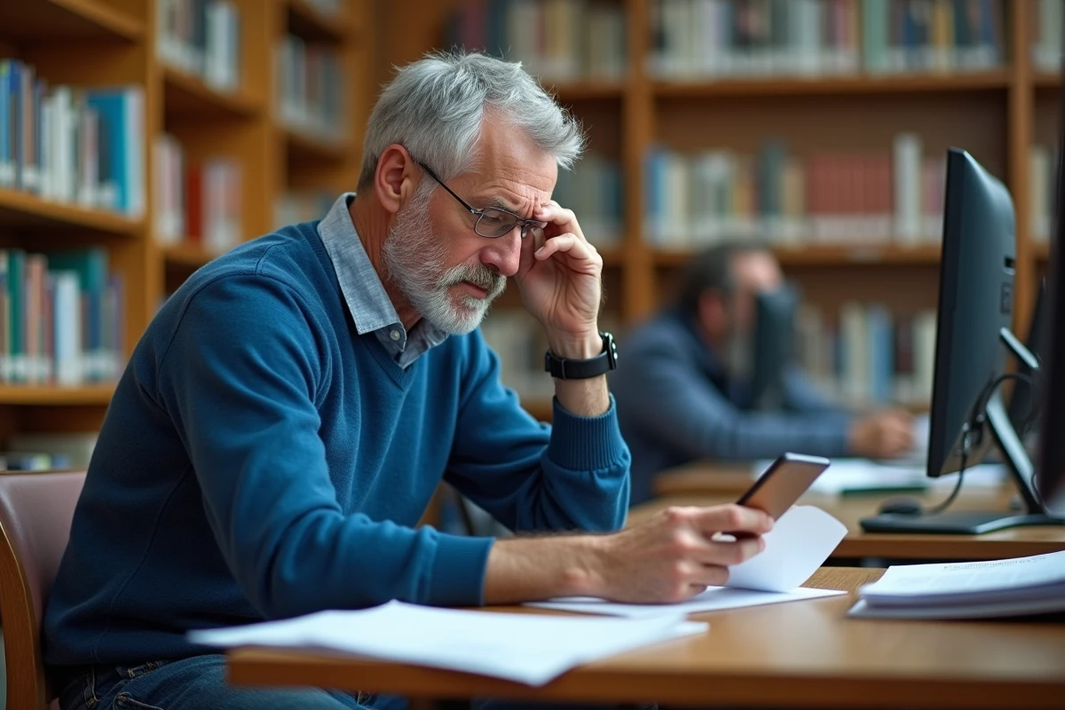 Homme inquiet vérifiant ses papiers à la bibliothèque