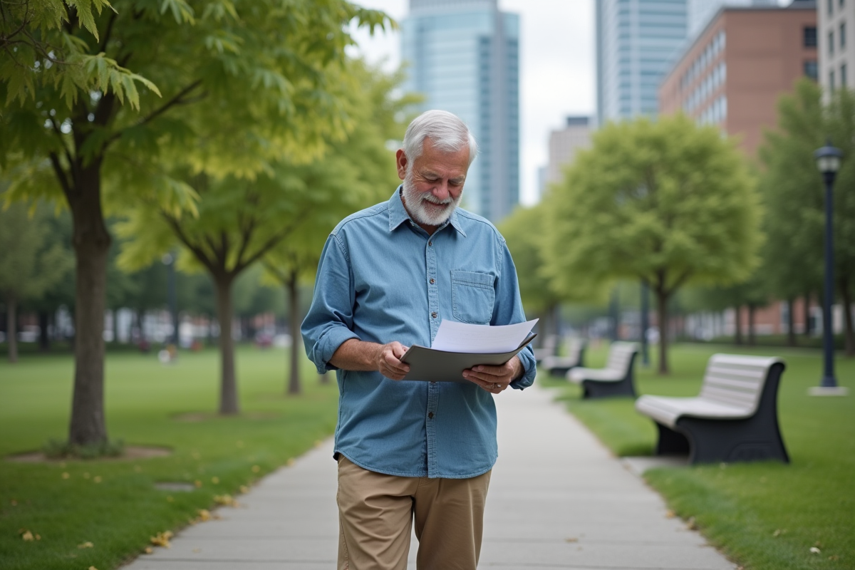 Homme âgé lisant un document dans un parc urbain