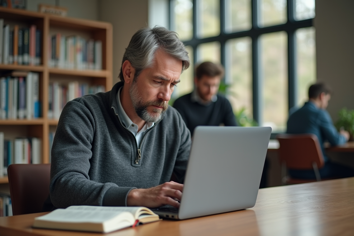 Homme étudiant dans une bibliothèque en train de lire et écrire